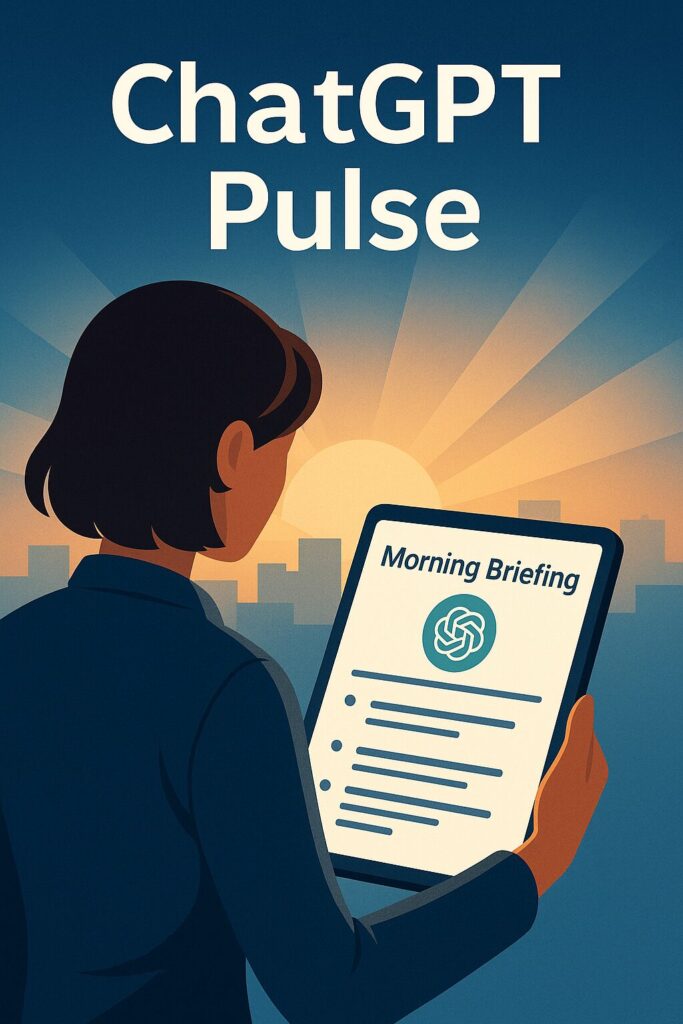 ChatGPT Pulse 使い方をイメージしたアイキャッチ画像。朝日を背景にスマートデバイスで「Morning Briefing」を確認する人物のイラスト。